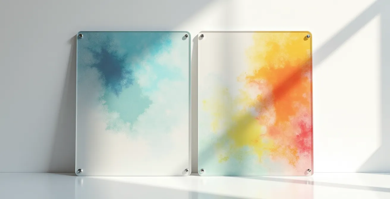 Vorher-Nachher-Vergleich von Acrylglas mit und ohne Weissdruck