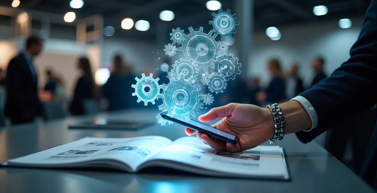 AR-Aktivierung auf deutschem Messestand zeigt 3D-Maschinenmodell über Printbroschüre