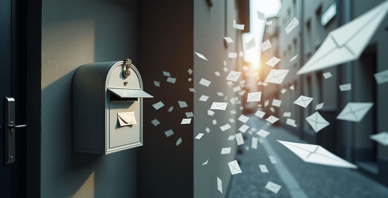 Geteilte Ansicht, die einen sauberen Briefkasten mit einem einzigen hochwertigen Umschlag neben einem chaotischen, überquellenden digitalen Posteingang zeigt.