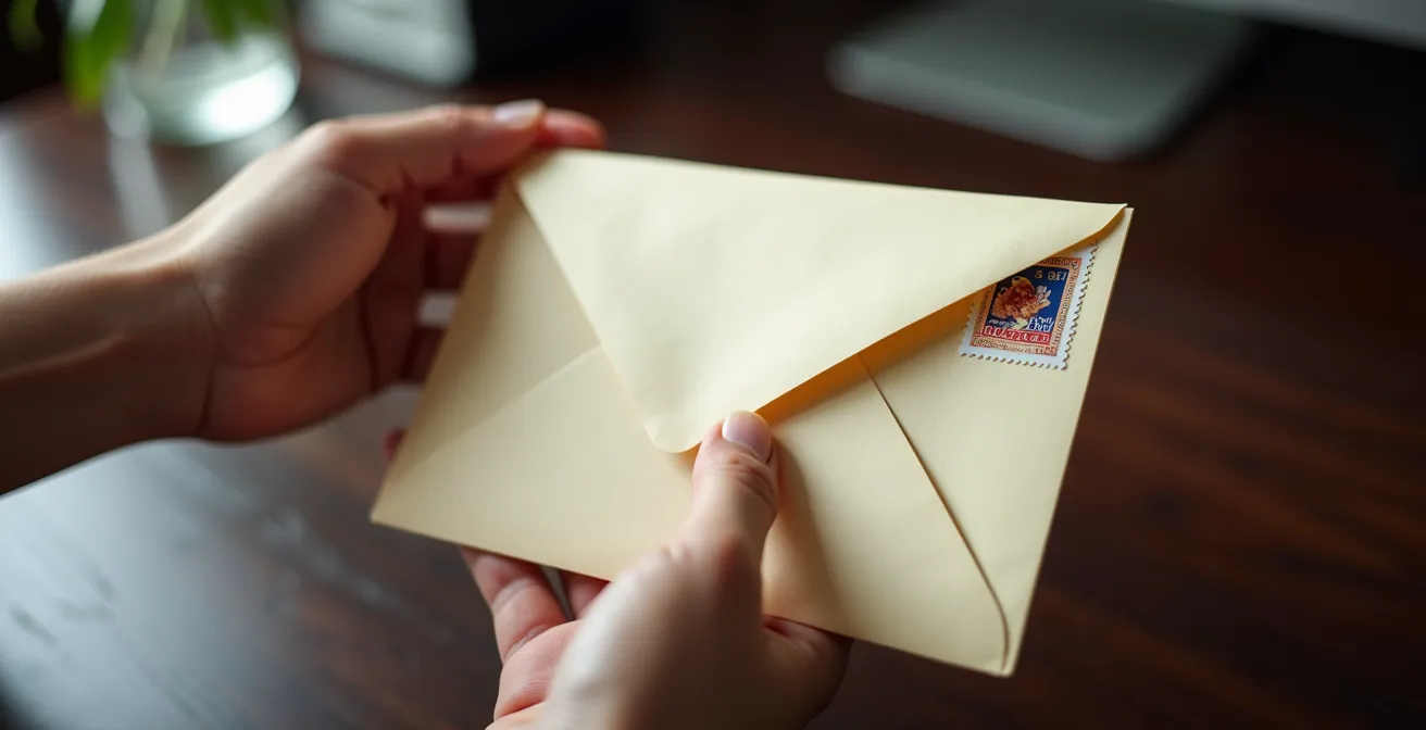 Hände öffnen einen hochwertigen Briefumschlag mit einer echten Sonderbriefmarke, was die persönliche Wertigkeit unterstreicht.