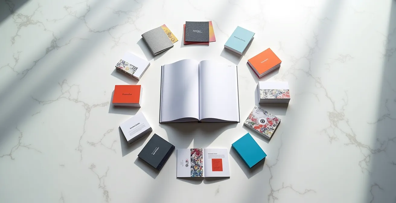 Visuelle Darstellung einer Cluster-Content-Strategie für die Druckbranche, die das Hub-and-Spoke-Modell zeigt.