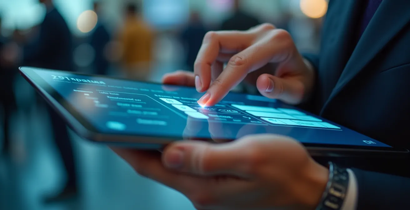 Macro-Aufnahme eines digitalen Erfassungsformulars auf einem Tablet am Messestand