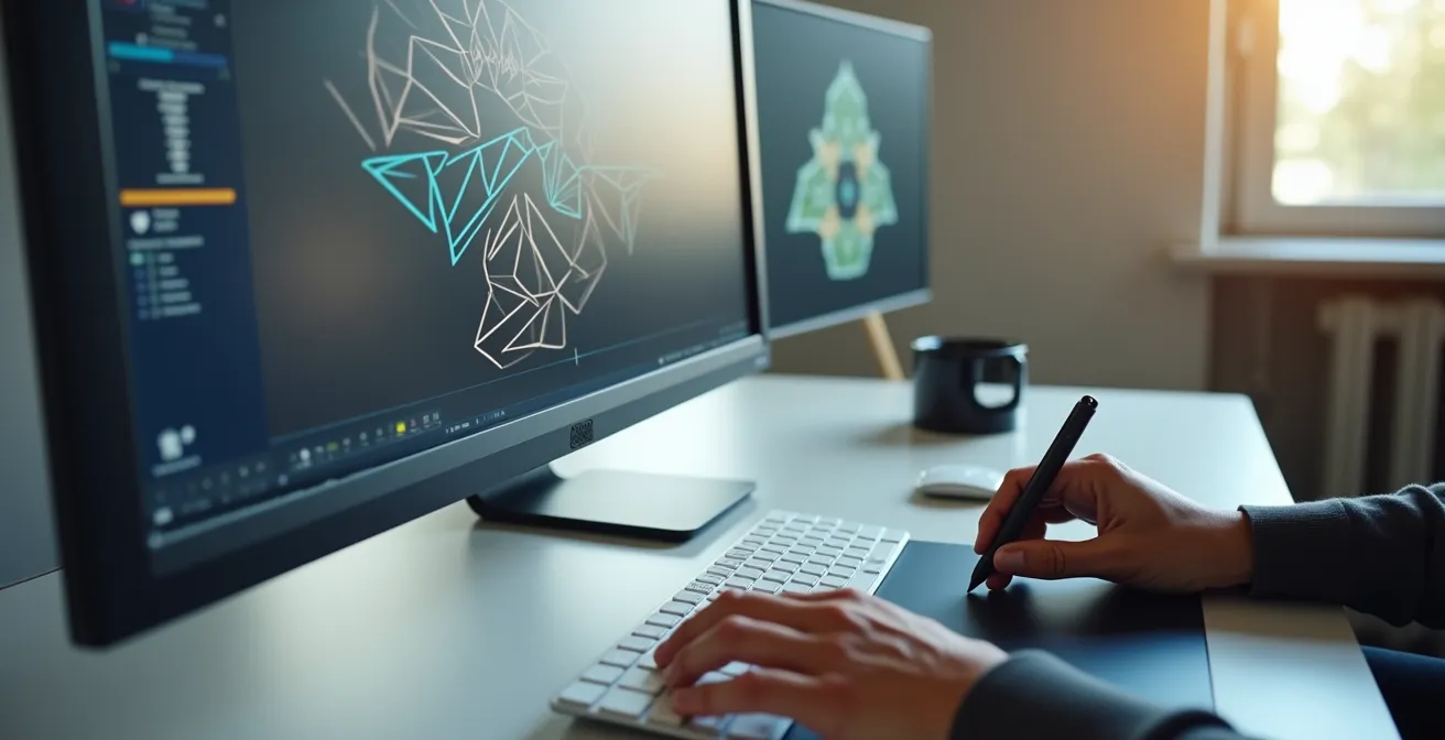 Designer arbeitet an Druckdaten für Heissfolienprägung am Computer