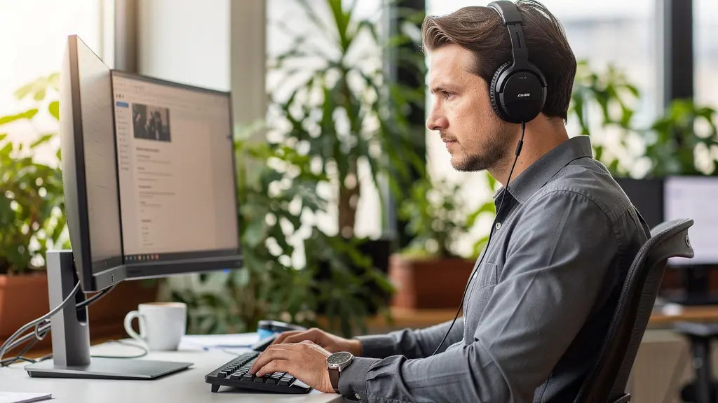 Mitarbeiter mit Kopfhörern konzentriert bei der Videoerstellung am Arbeitsplatz