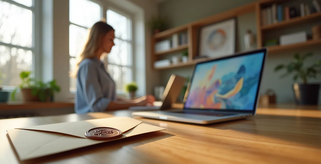 Eine Geschäftsfrau am Laptop in einem modernen Büro, die eine ansprechende E-Mail-Ankündigung für ein kommendes Premium-Printmailing erhält.