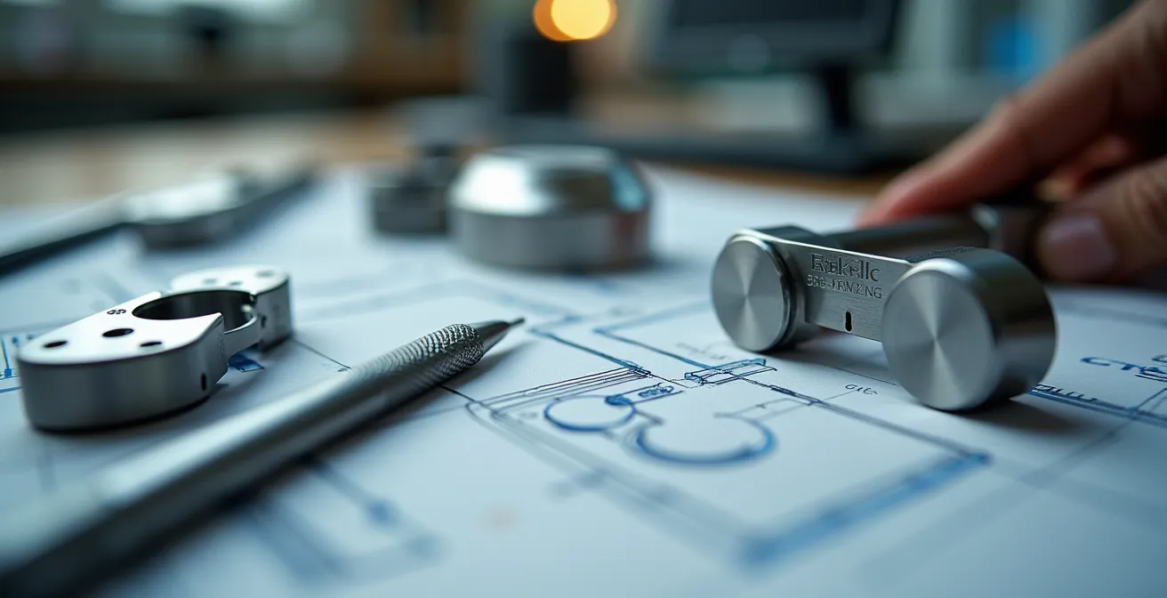 Detailaufnahme eines Entwicklungsprozesses mit Prototypen und technischen Skizzen