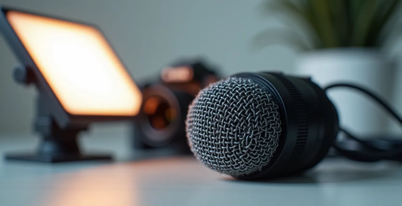 Mobiles B2B-Videostudio-Setup in einem deutschen Standardbüro, das professionelles Equipment auf einem Schreibtisch zeigt.