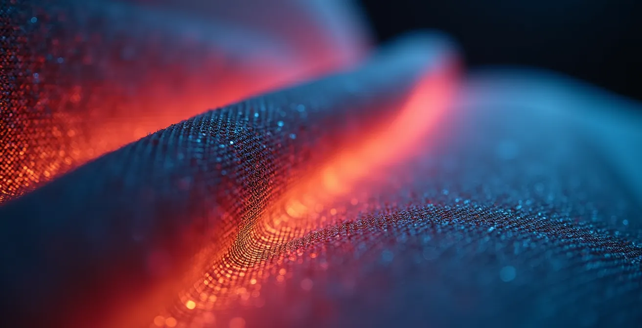 Nahaufnahme einer LED-hinterleuchteten Textilmessewand mit sichtbarer Lichttextur