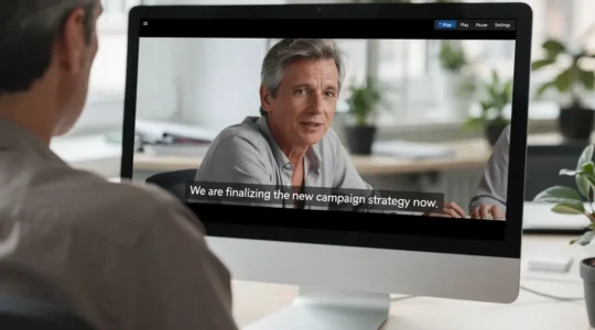 Marketing-Fachkraft betrachtet Video mit KI-Untertiteln am Bildschirm im modernen Büro