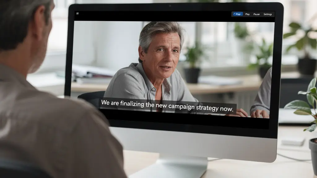 Marketing-Fachkraft betrachtet Video mit KI-Untertiteln am Bildschirm im modernen Büro