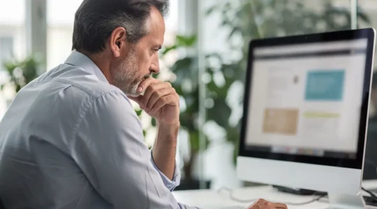 Marketing-Fachkraft betrachtet konzentriert Bildschirm mit KI-Avatar Videoproduktion