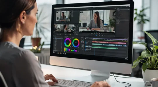 Marketing-Mitarbeiterin arbeitet an Video-Timeline im modernen Büro