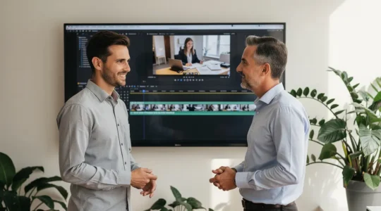 Marketing-Team bespricht KI-generierte Video-Inhalte am Monitor in modernem Büro