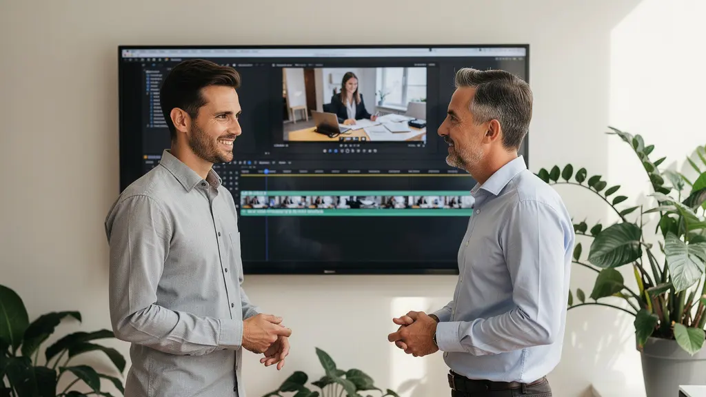 Marketing-Team bespricht KI-generierte Video-Inhalte am Monitor in modernem Büro