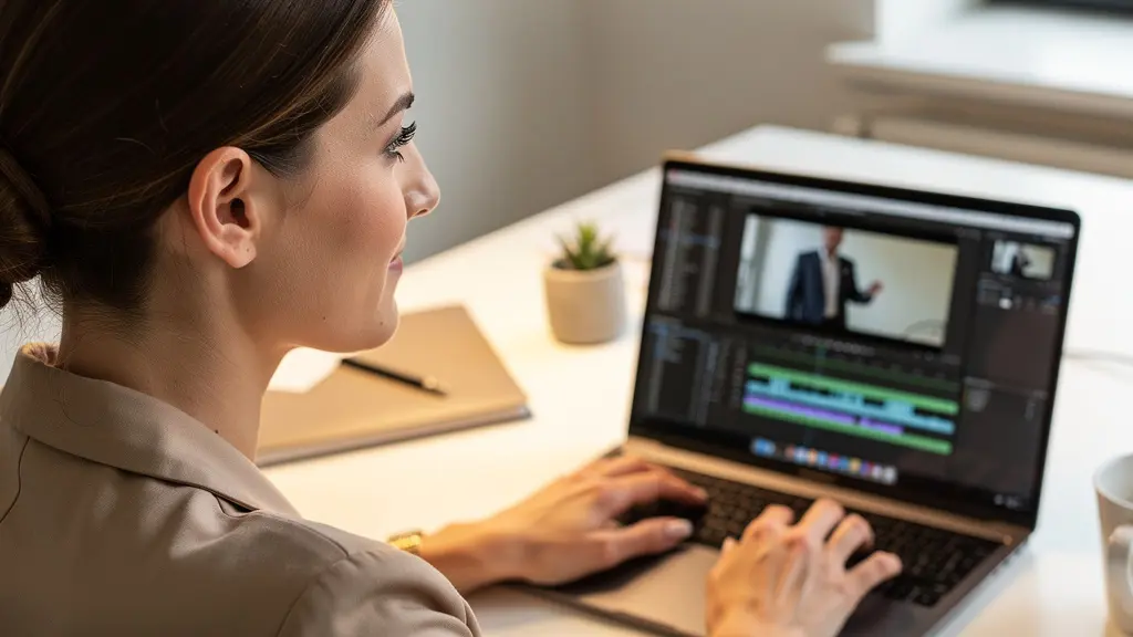 Mitarbeiterin bearbeitet Unternehmensvideo an Enterprise-Videoplattform