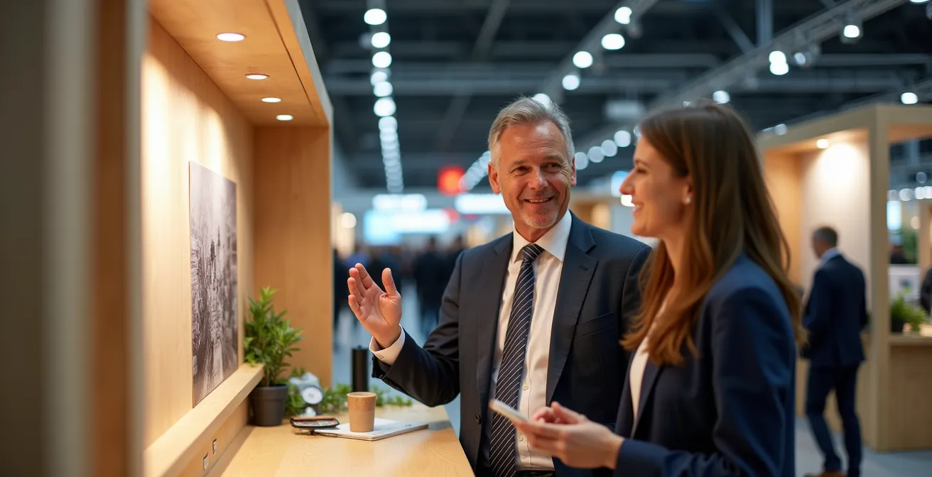 Weitwinkelaufnahme eines nachhaltigen modularen Messestands mit innovativer Beleuchtung