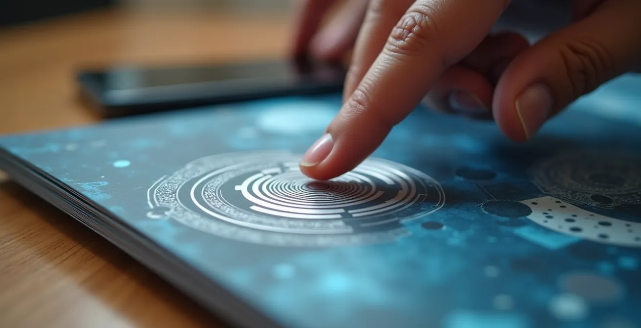 Eine Makroaufnahme zeigt eine Hand, die einen hochwertigen Industriekatalog berührt, in dem ein NFC-Chip subtil eingeprägt ist.