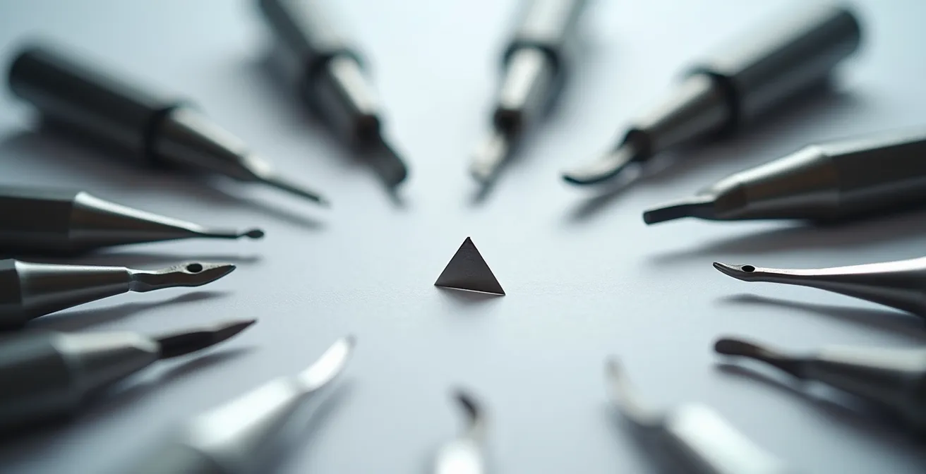 Visualisierung einer fokussierten Nischenstrategie im B2B-Printmarkt, symbolisiert durch präzise angeordnete Druckwerkzeuge