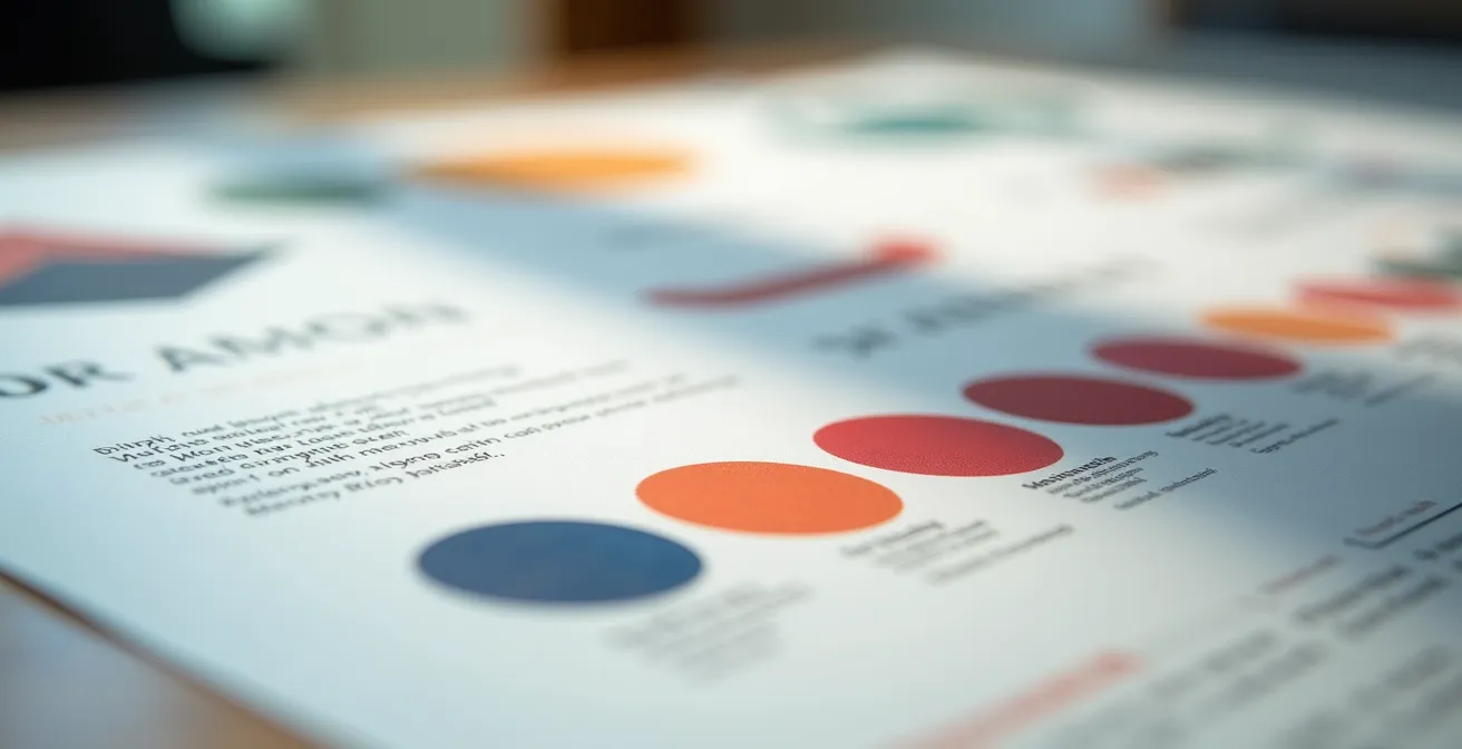 Übersichtlicher One-Page-Styleguide auf einem Schreibtisch ausgebreitet, der Farbpaletten und Typografie-Beispiele zeigt.