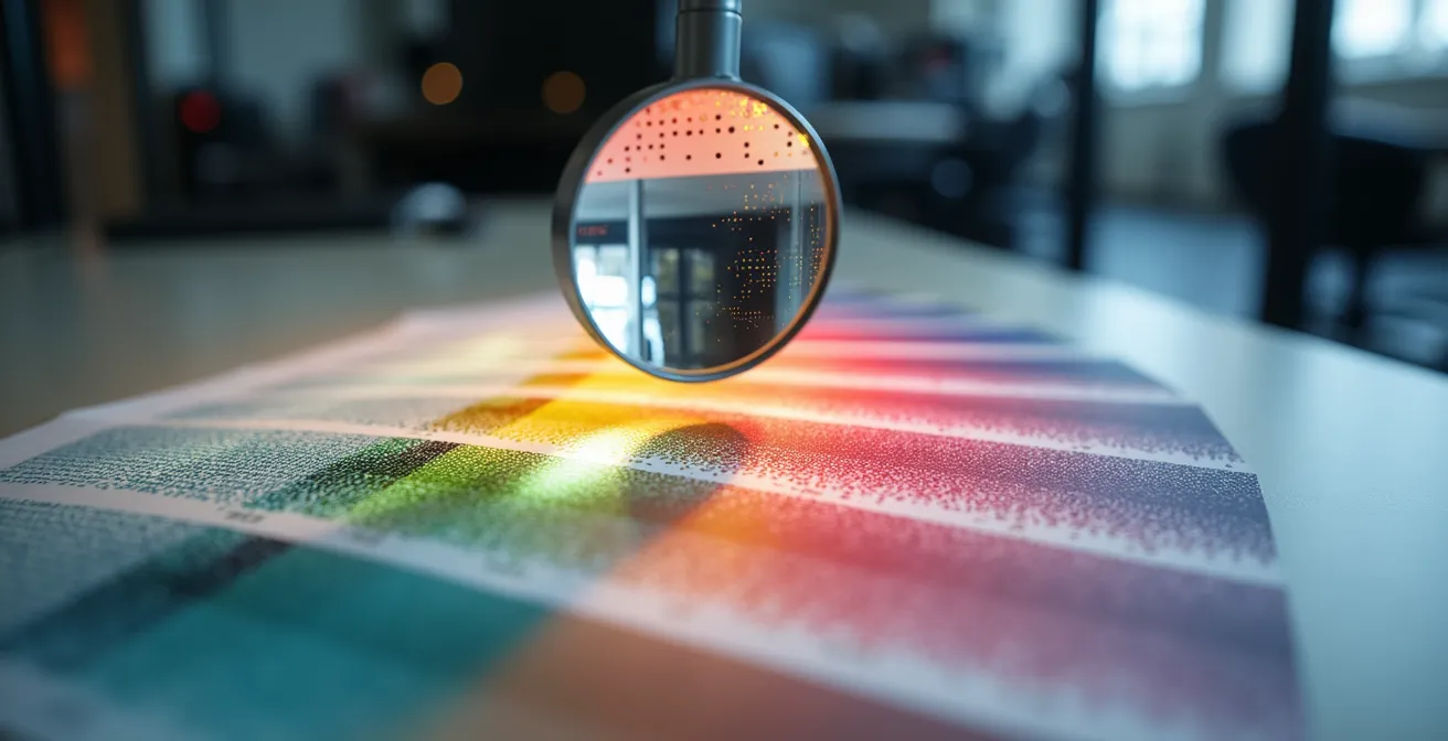 Ein Farbfächer liegt neben gedruckten Mustern und verdeutlicht die Präzision des Offsetdrucks bei Pantone-Farben.