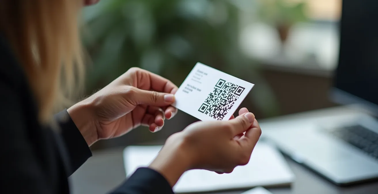Nahaufnahme von Händen, die eine hochwertige, personalisierte Antwortkarte mit einem stilisierten QR-Code-Muster betrachten.