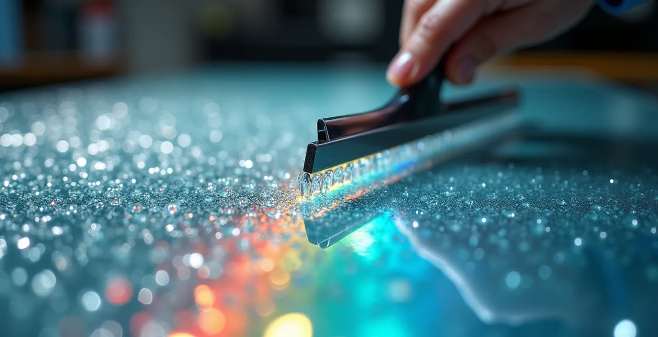 Detailaufnahme der professionellen Nassverklebungstechnik auf Glasfläche