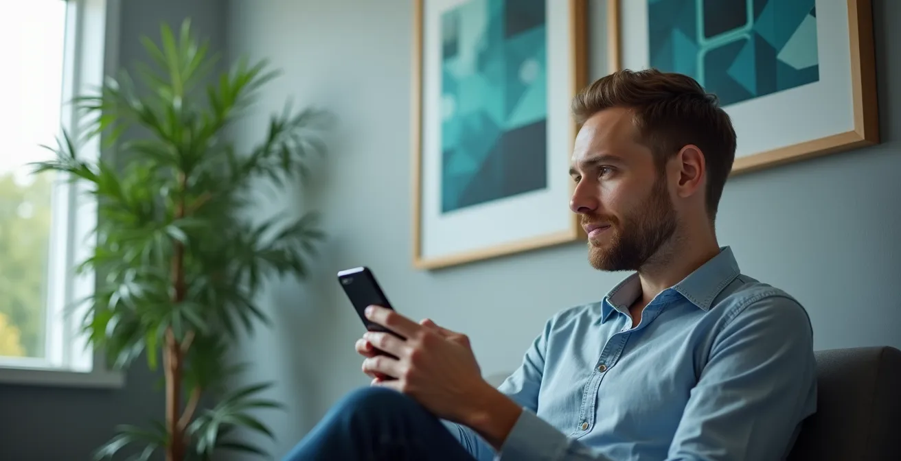 Eine Person in einem modernen Wartezimmer interagiert interessiert mit ihrem Smartphone vor einem Poster mit einem stilisierten QR-Code-Bereich.