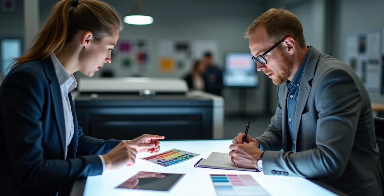 Visualisierung des Unterschieds zwischen qualifiziertem und Massentraffic durch eine fokussierte Geschäftsinteraktion in einer deutschen Druckerei.