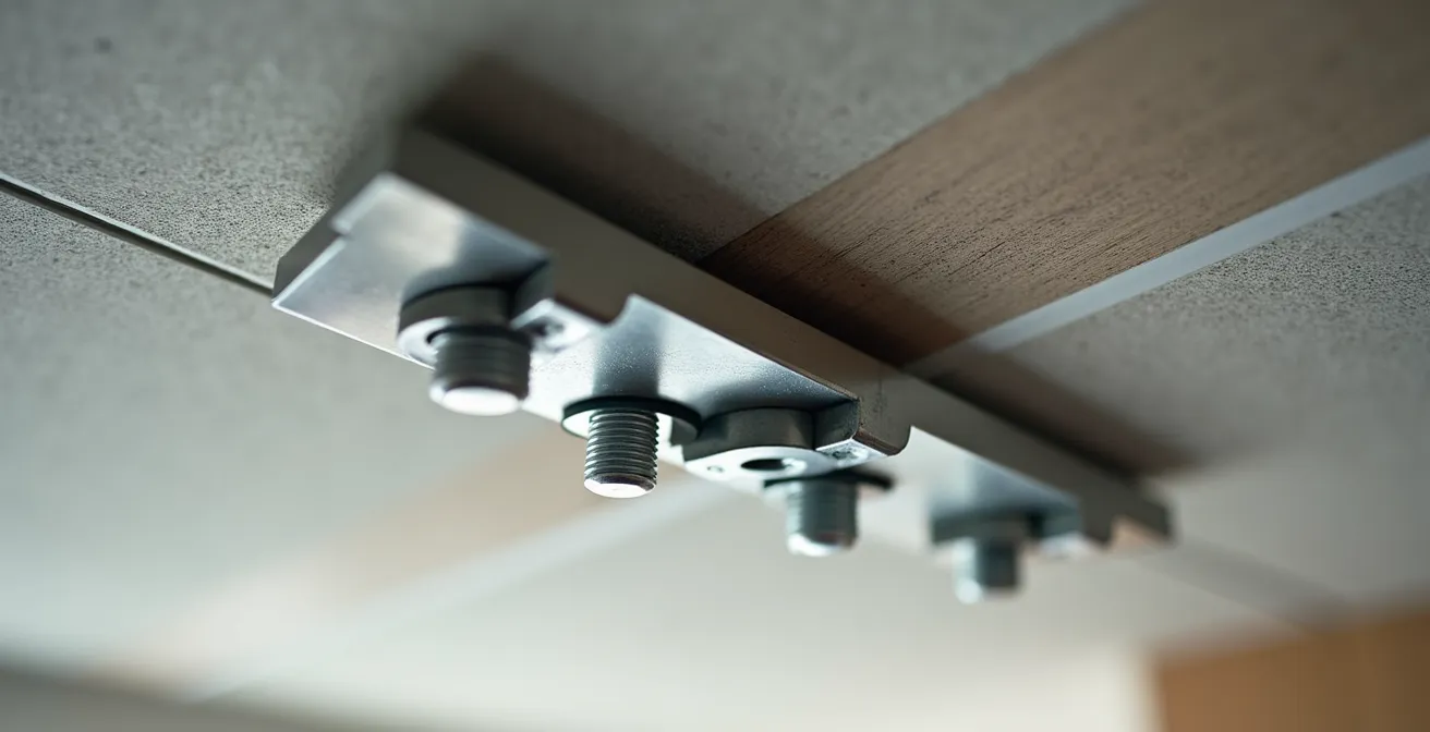 Detailaufnahme einer professionellen und sicheren Montage eines Deckenschilds mit robusten Metallhalterungen und Dübeln.