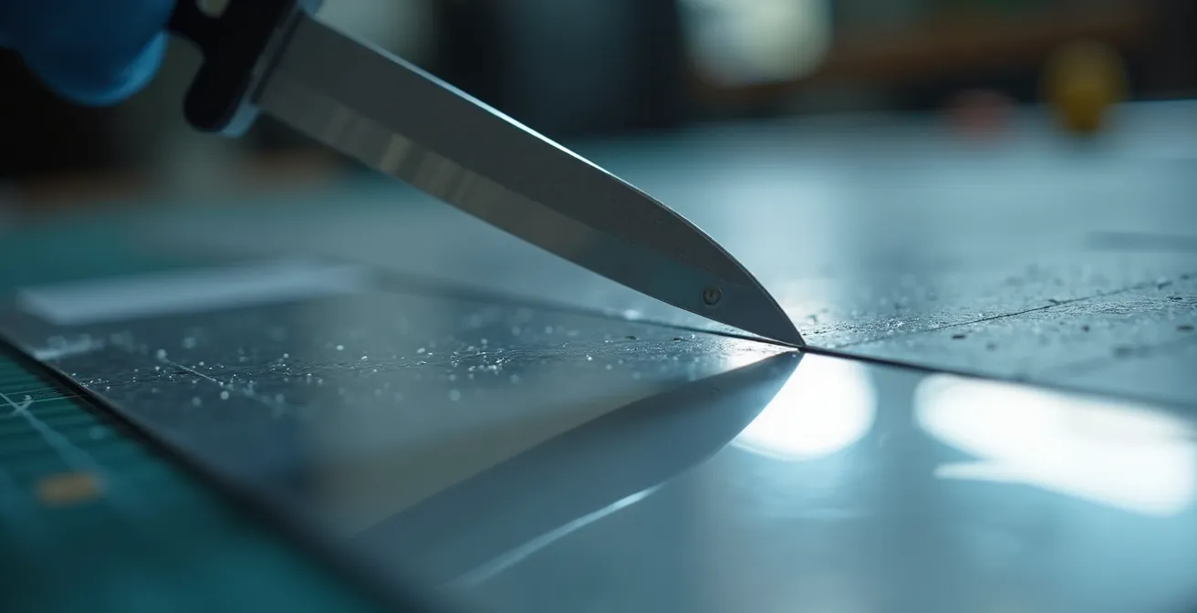 Makroaufnahme eines Tangentialmessers beim präzisen Schnitt von Reflexfolie