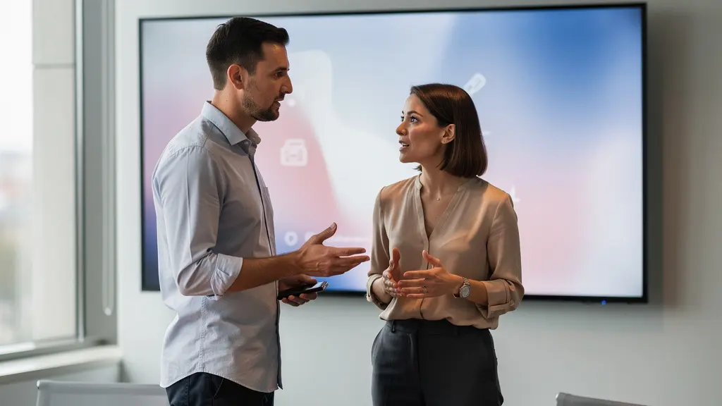 Zwei Kollegen besprechen Video-Inhalte am grossen Bildschirm