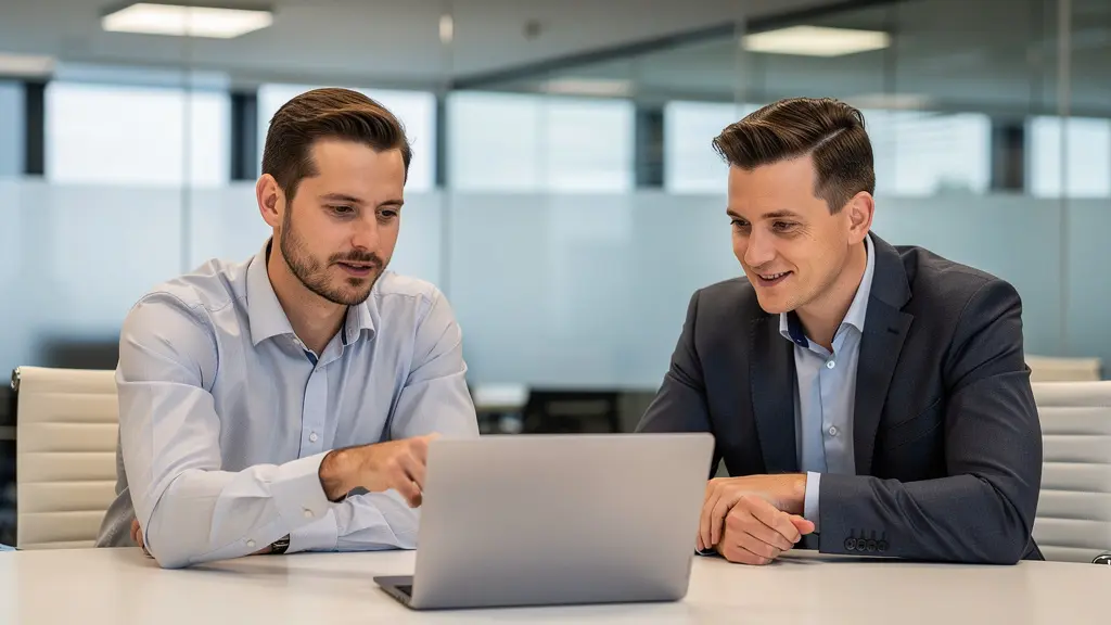 Zwei Personen besprechen Videoproduktion am Laptop in modernem Konferenzraum