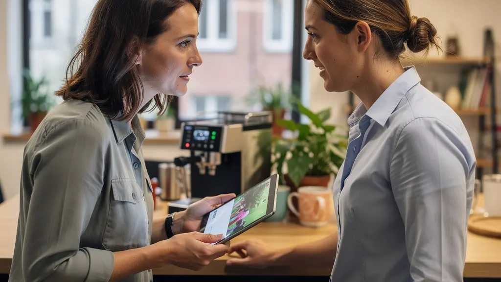 Marketingmitarbeiterin zeigt KI-generiertes Video auf Tablet einer Kollegin