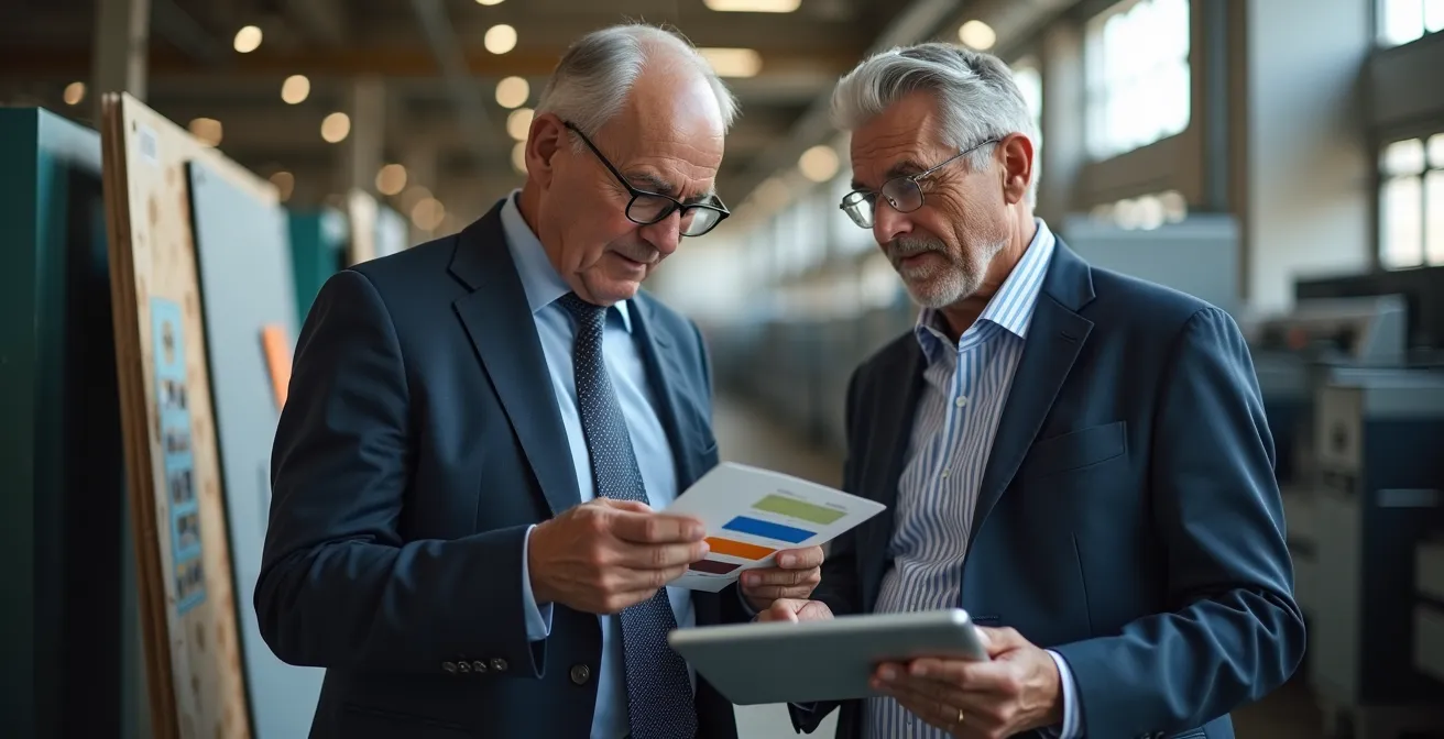 Transformation vom traditionellen zum innovativen B2B-Unternehmen, dargestellt durch den Austausch zwischen einer älteren und jüngeren Generation in einer Druckerei