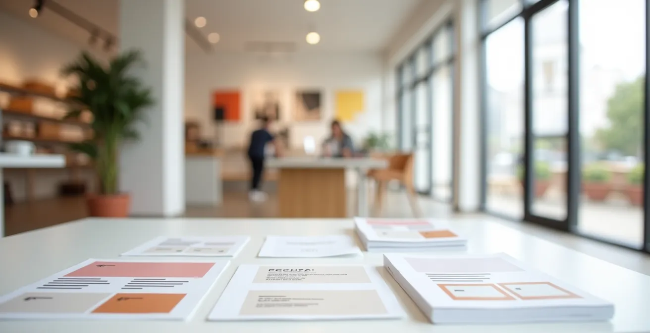 Ein modernes Web-to-Print-System auf einem Computerbildschirm, das lokale Anpassungen innerhalb eines festen Markenrahmens ermöglicht.